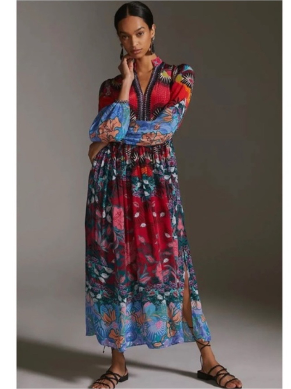 Anthropologie Bhanuni by Jyoti Floral Contrast Maxi Dress Size 10 Boho Beaded